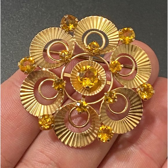 14k & Citrine Brooch Vintage Pin /PendantOrnate Yellow Gold Gemstone Signed Fl